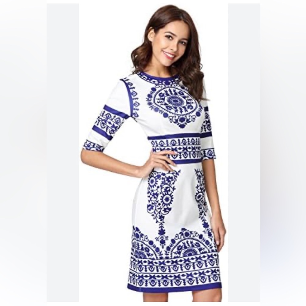 White & Blue Printed Midi Dress - Elegant Patterned Design